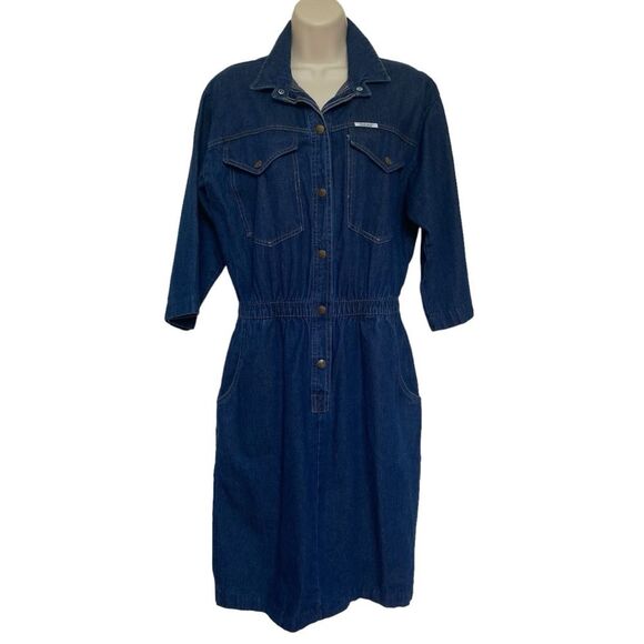 Vintage Ideas Snap Front Dark Wash Denim Dress Made in USA Sz L - Picture 1 of 15